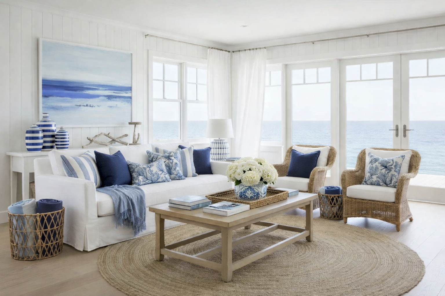 salon lumineux bleu blanc au style marin bord de mer.