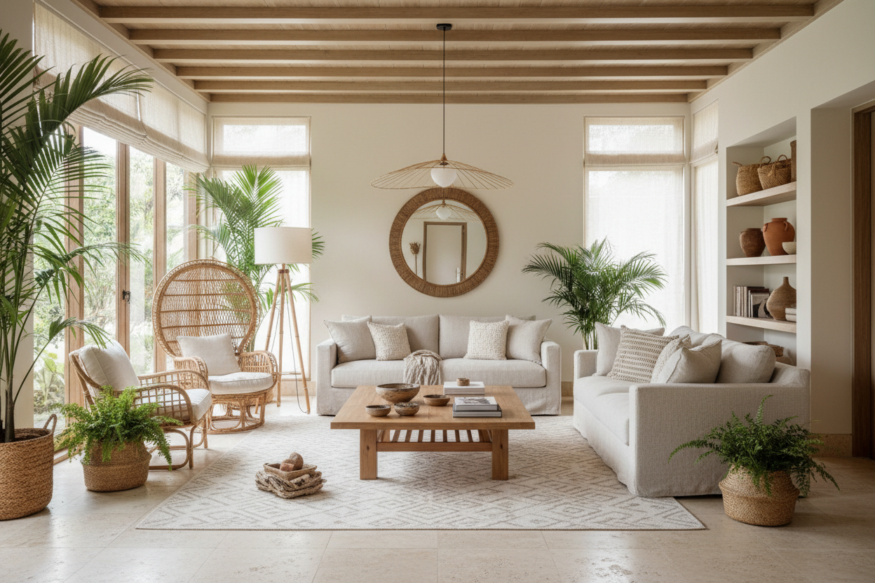 salon minimaliste lumineux au style balinais chic et cocooning.