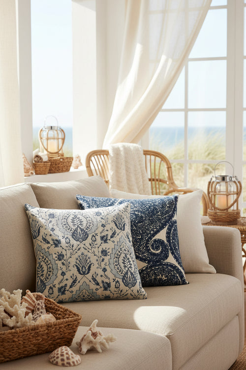 Assortiment de coussins floraux aux teintes bleu et blanc.