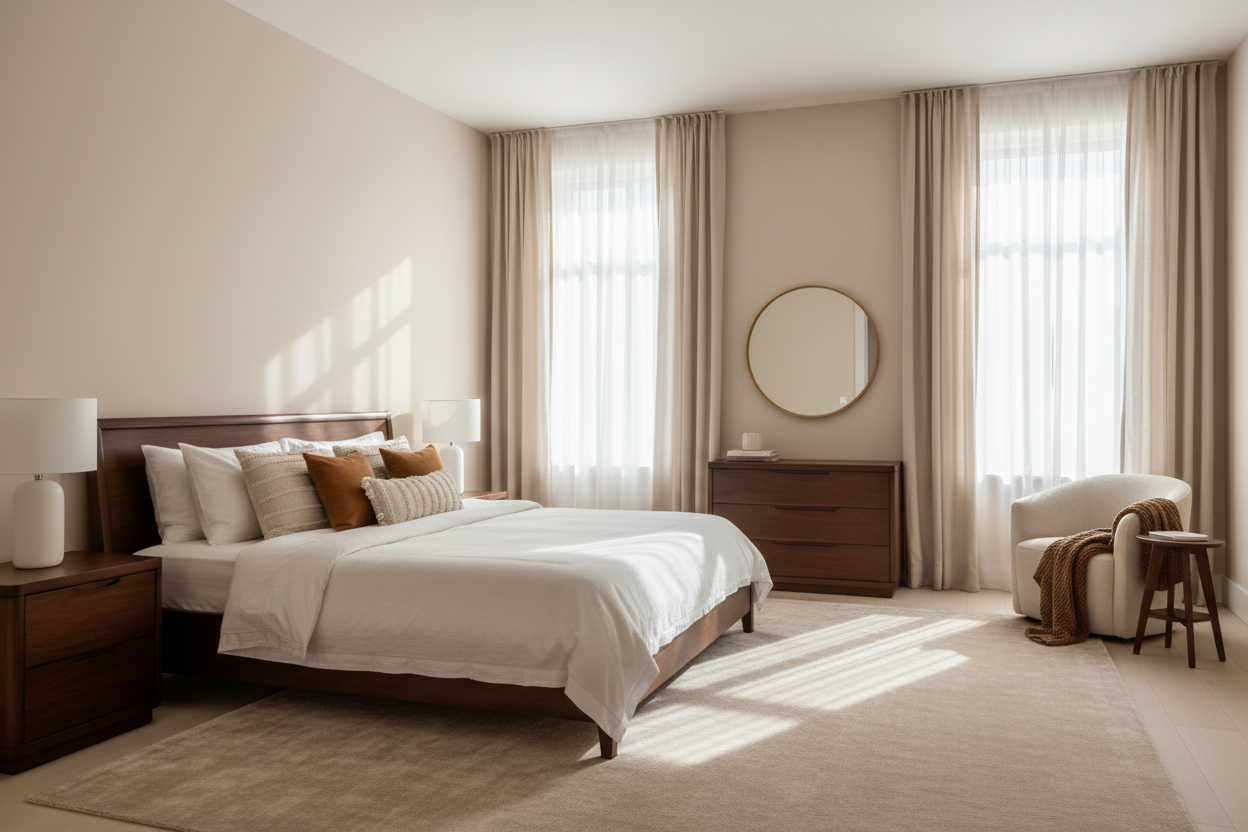Chambre lumineuse minimaliste beige.