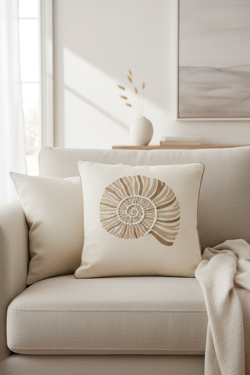 Coussin beige et marron.