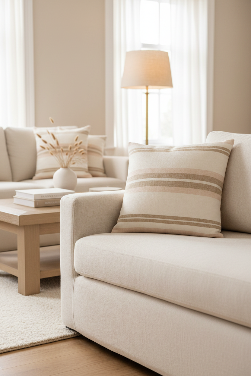 Coussin beige réversible.