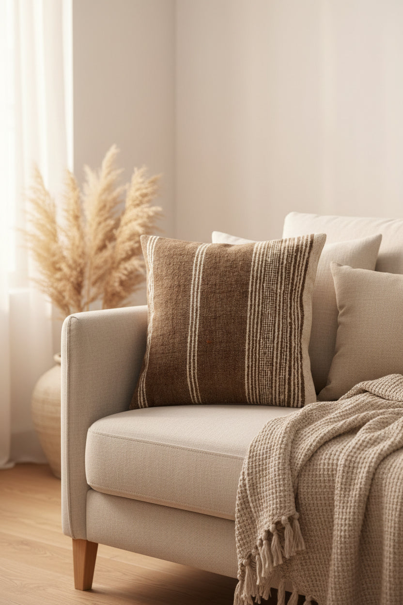 Coussin décoratif, marron et beige ligné.