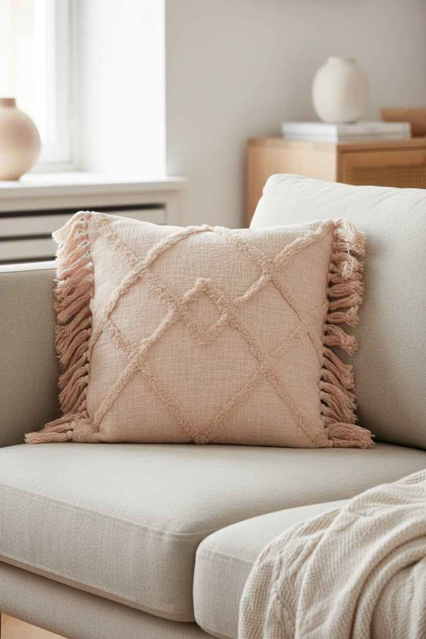 Coussin avec frange en lin rose.