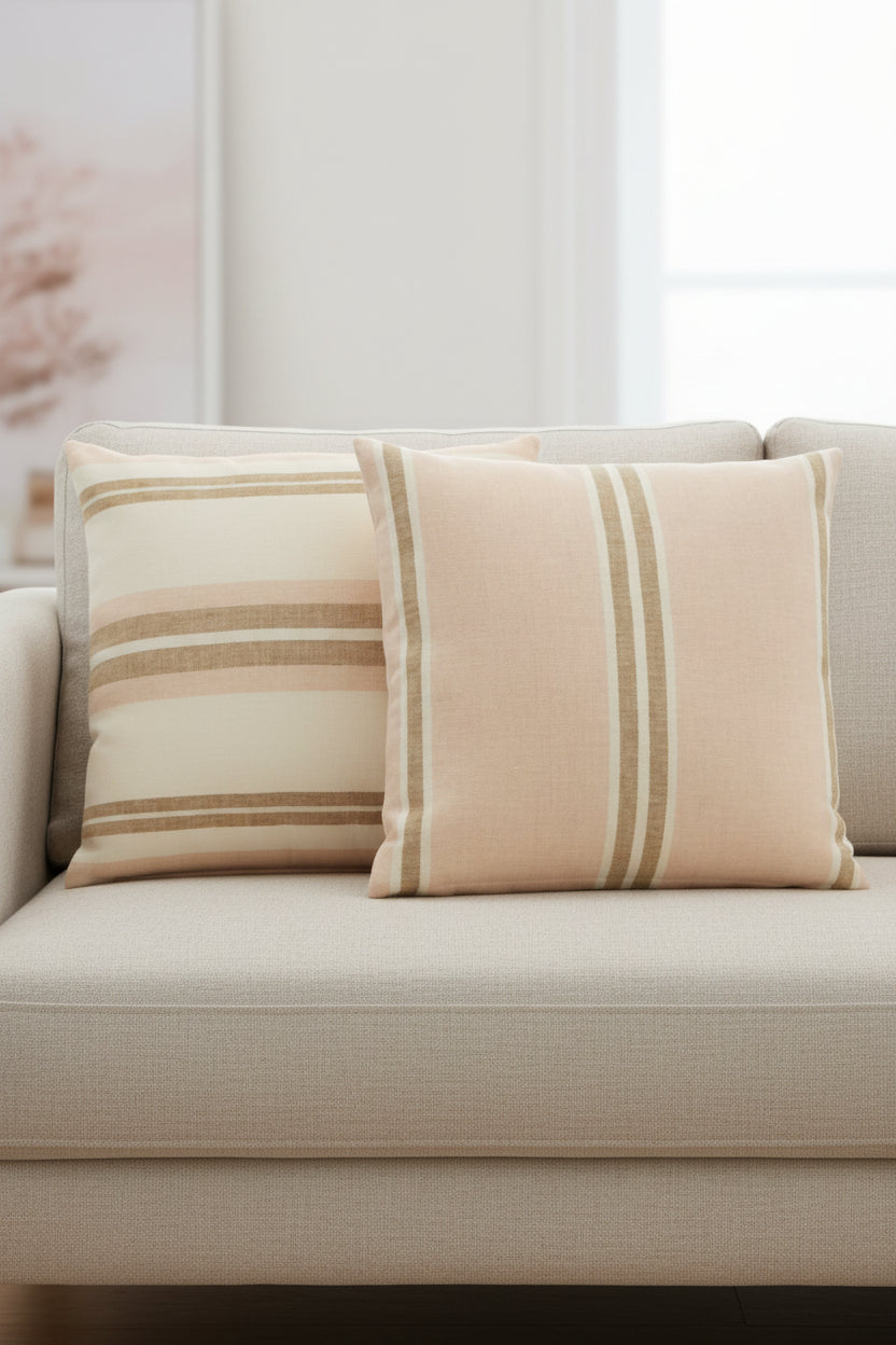 Coussin à rayures en lin et coton.