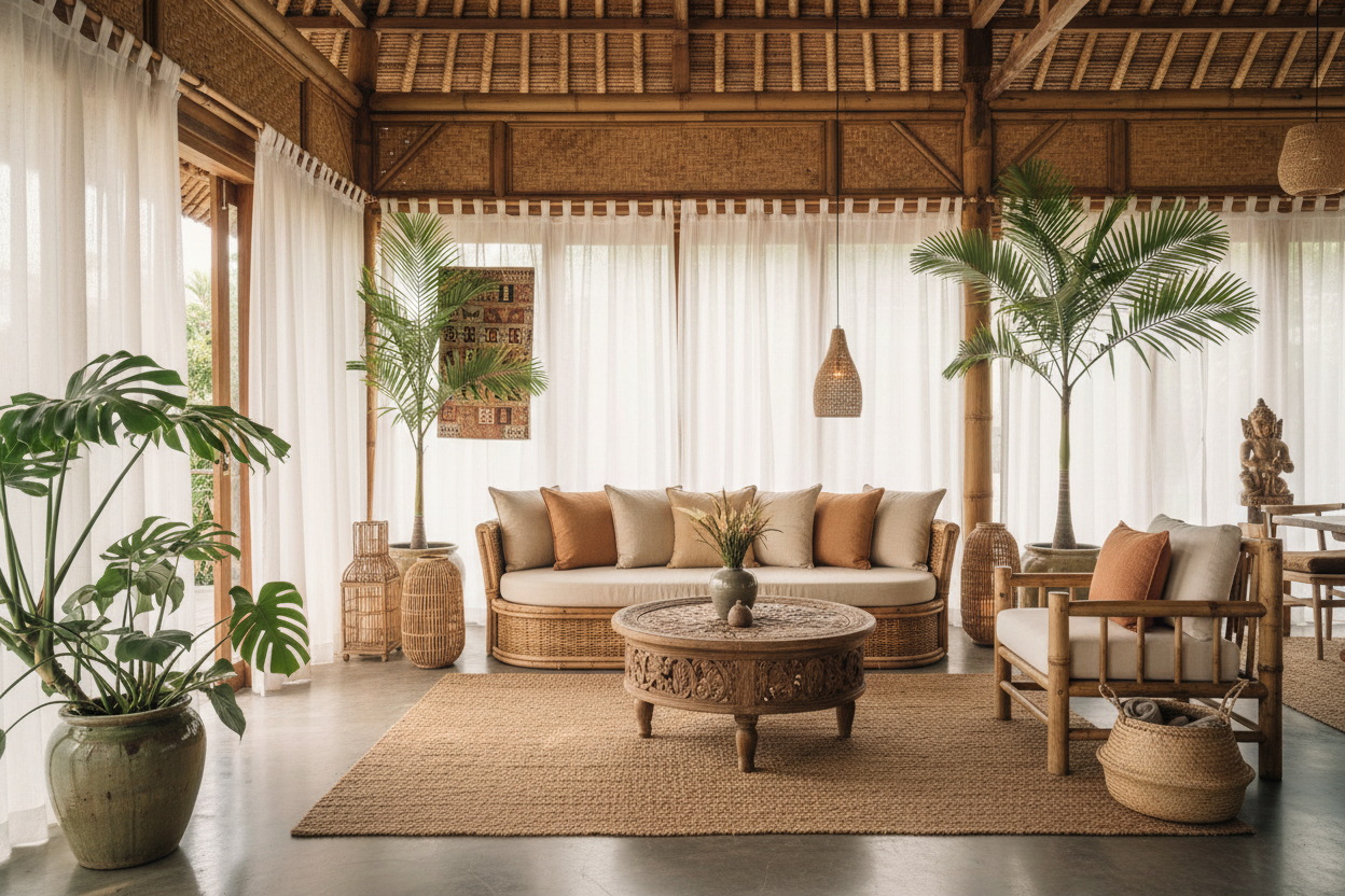 Décoration d'un salon lumineux et cocooning au style bohème et balinais. 