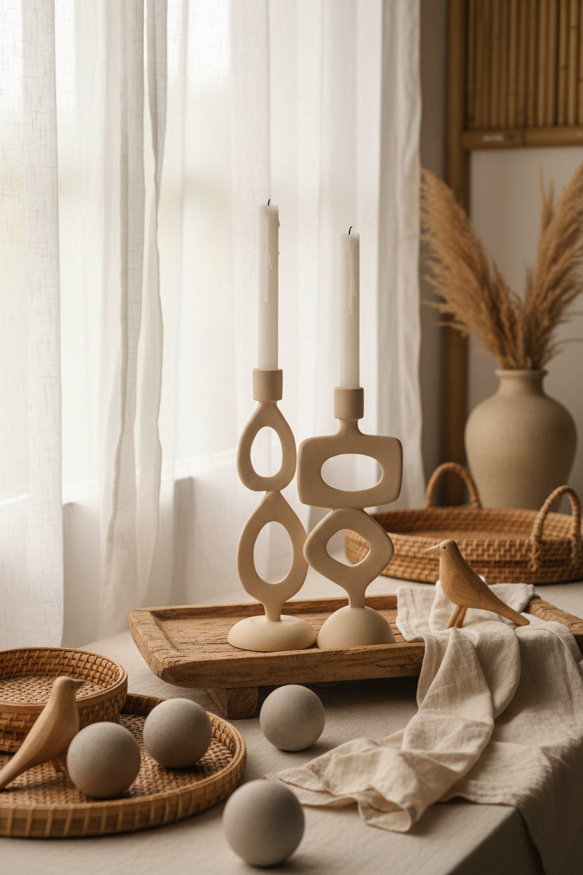 Ensemble de bougeoir anneaux beige.