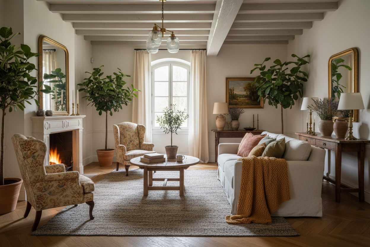 Intérieur de maison chaleureuse avec son salon cosy.