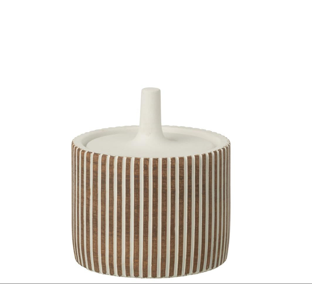 Petit pot en ciment, bicolore, blanc et marron taille M avec couvercle, style minimaliste.