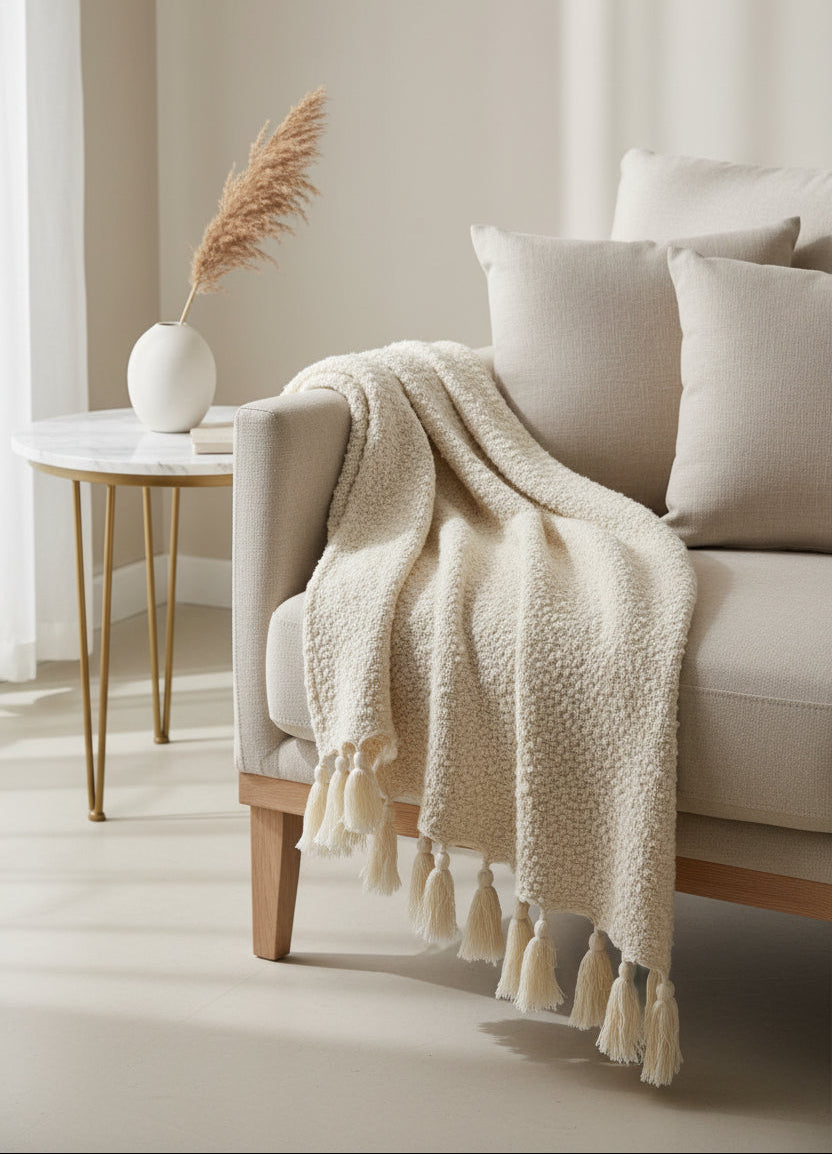 Plaid en coton de couleur crème.