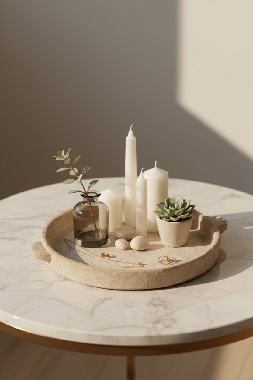  Plateau en ciment beige avec finition douce et naturelle.