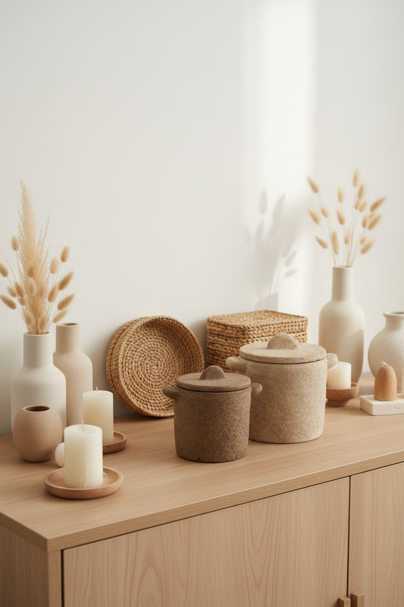 Pot décoratif en ciment, au design naturel.