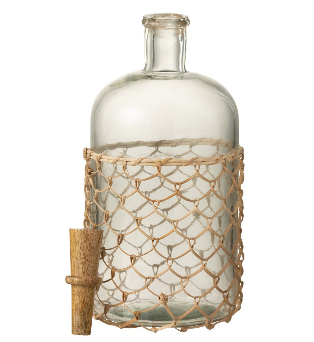 Récipient en verre, entouré de toiles de jute avec un bouchon en bois