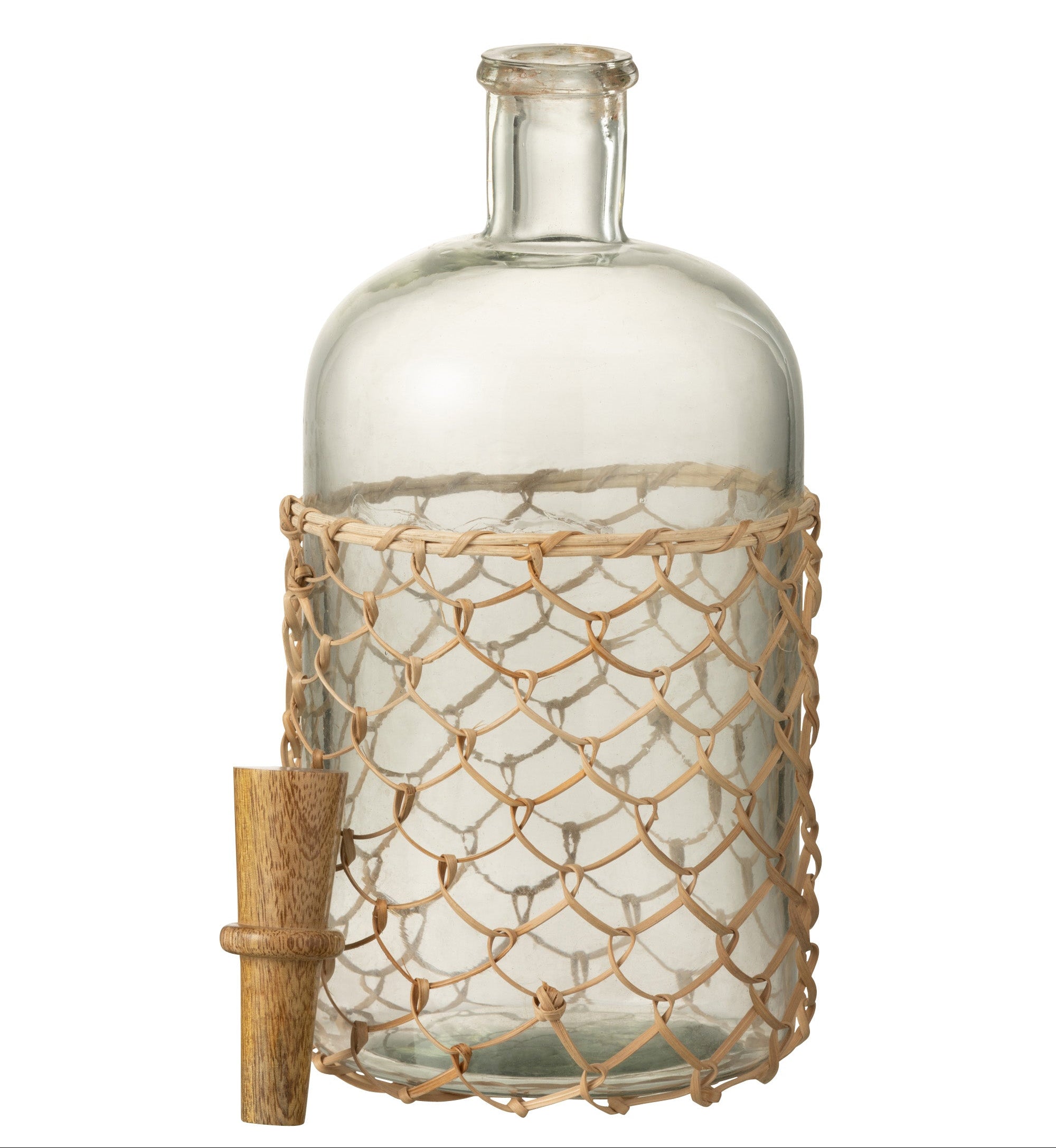 Récipient en verre, entouré de toiles de jute avec un bouchon en bois
