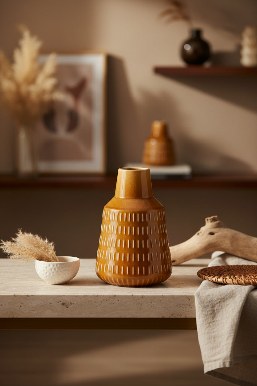 Vase en porcelaine de couleur moutarde.